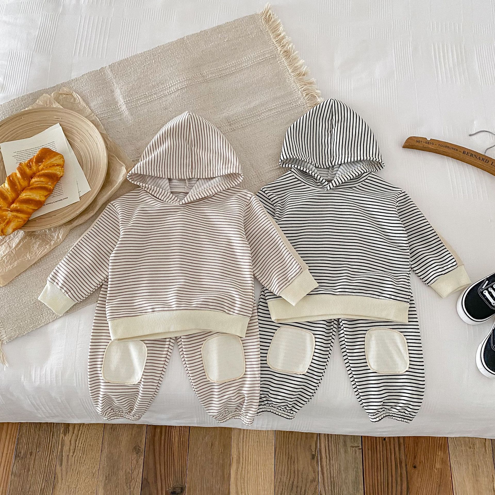 Striped Patch Hooded Sweatshirt And Pants Set