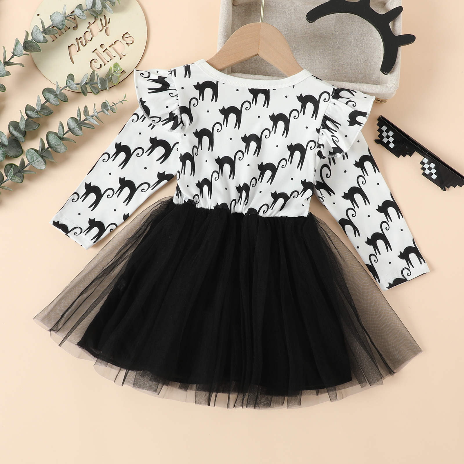 Kids Halloween Cat Long Sleeve Mesh Dress