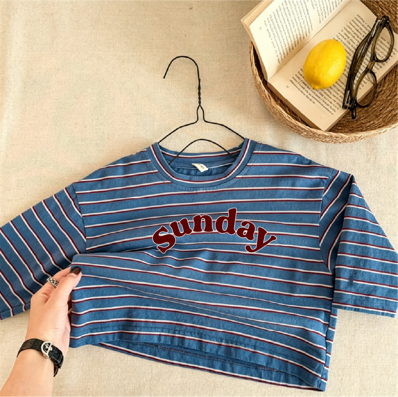  Toddler Blue Red Stripe Sunday Letter Print Long-Sleeve T-shirt 