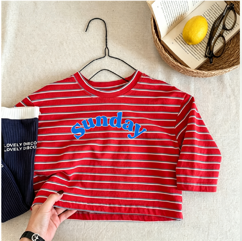 Toddler Blue Red Stripe Sunday Letter Print Long-Sleeve T-shirt 