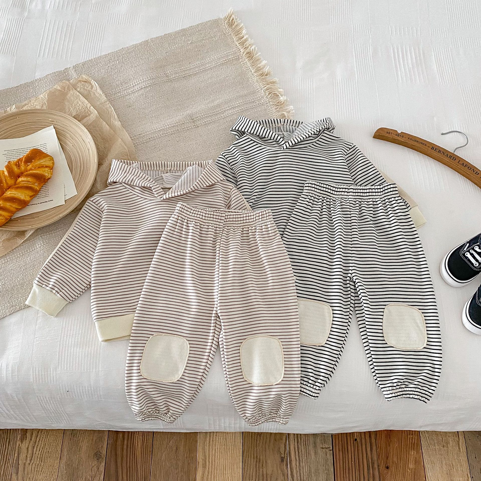 Striped Patch Hooded Sweatshirt And Pants Set