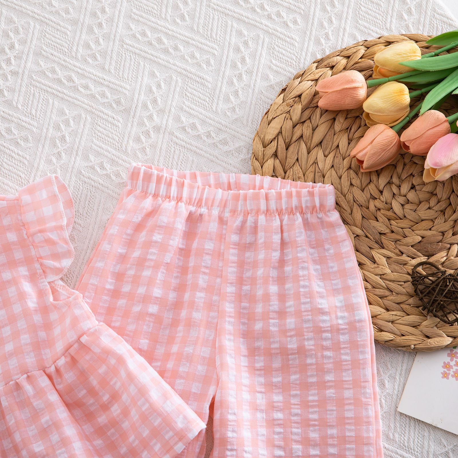 Baby Toddler Plaid Flying Sleeves Top and Pants Sets