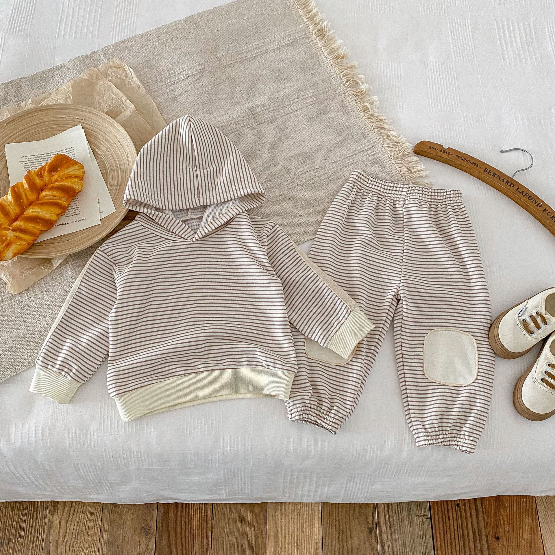 Striped Patch Hooded Sweatshirt And Pants Set