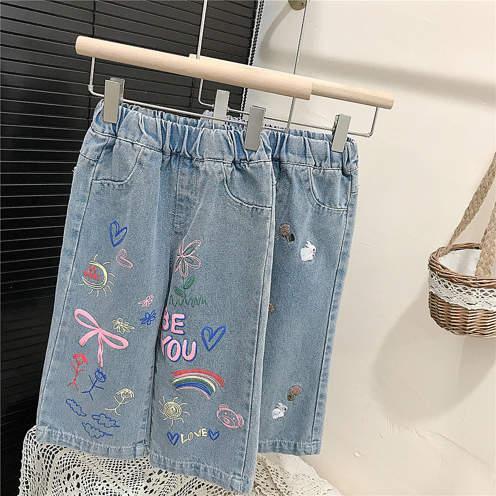 Toddler Kid Girl Denim Blue Flower Bow/Bunny Pants