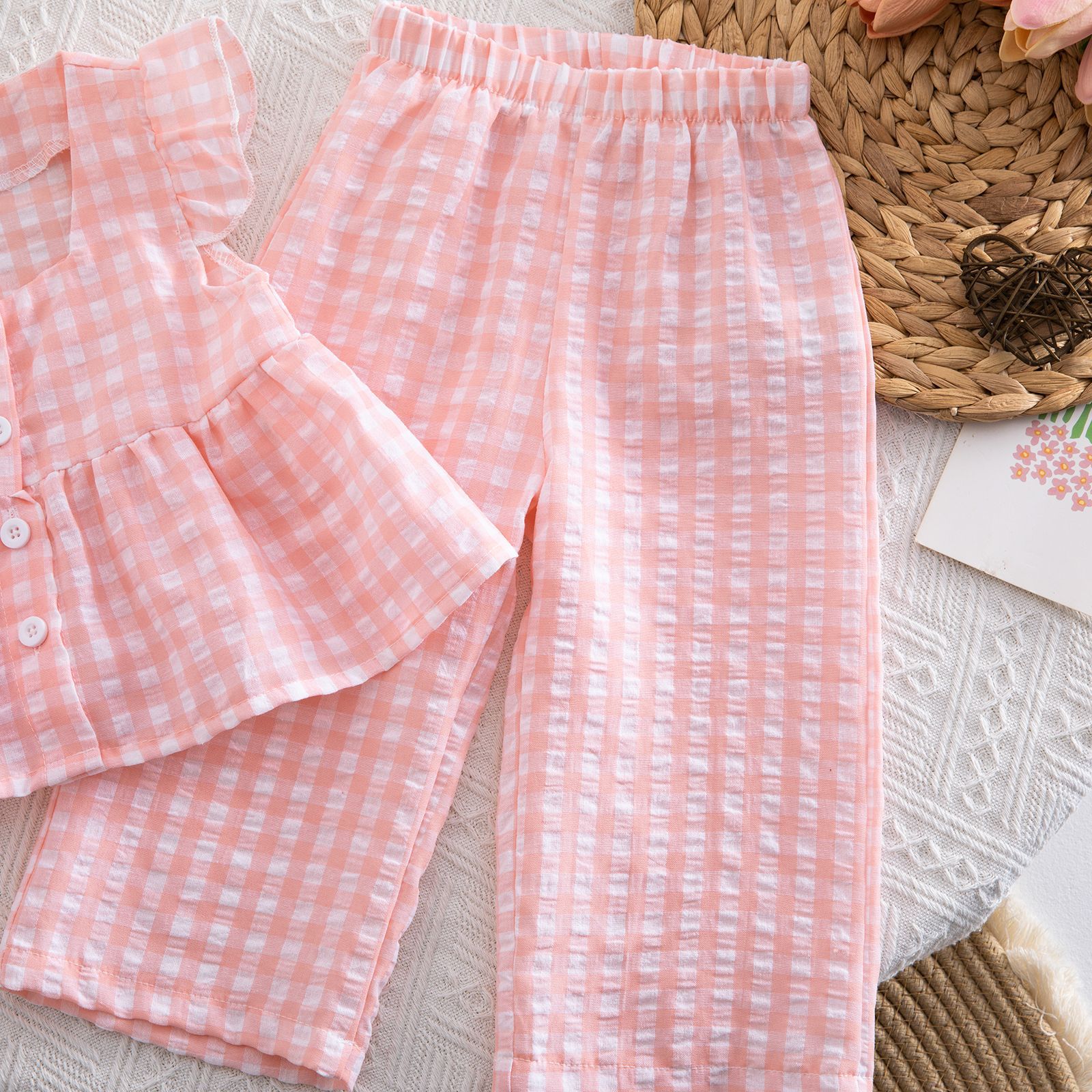 Baby Toddler Plaid Flying Sleeves Top and Pants Sets