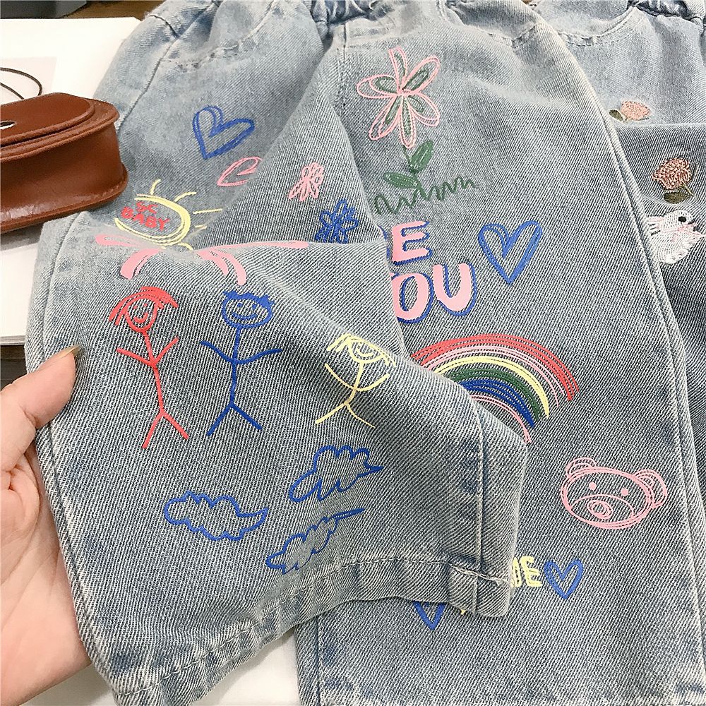 Toddler Kid Girl Denim Blue Flower Bow/Bunny Pants