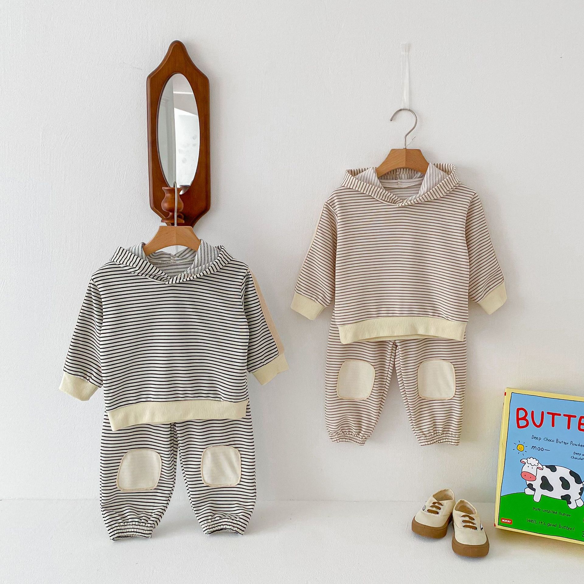 Striped Patch Hooded Sweatshirt And Pants Set