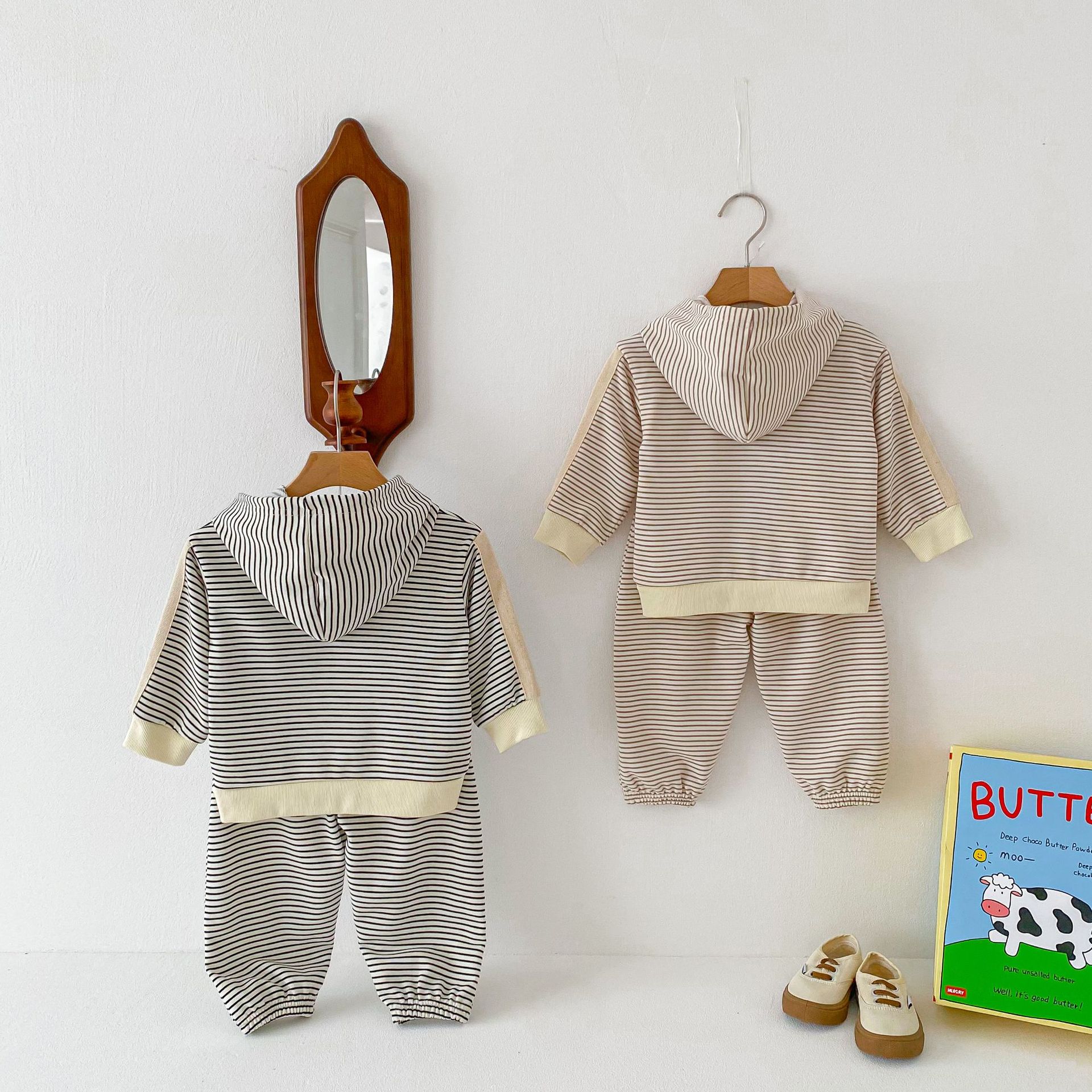 Striped Patch Hooded Sweatshirt And Pants Set