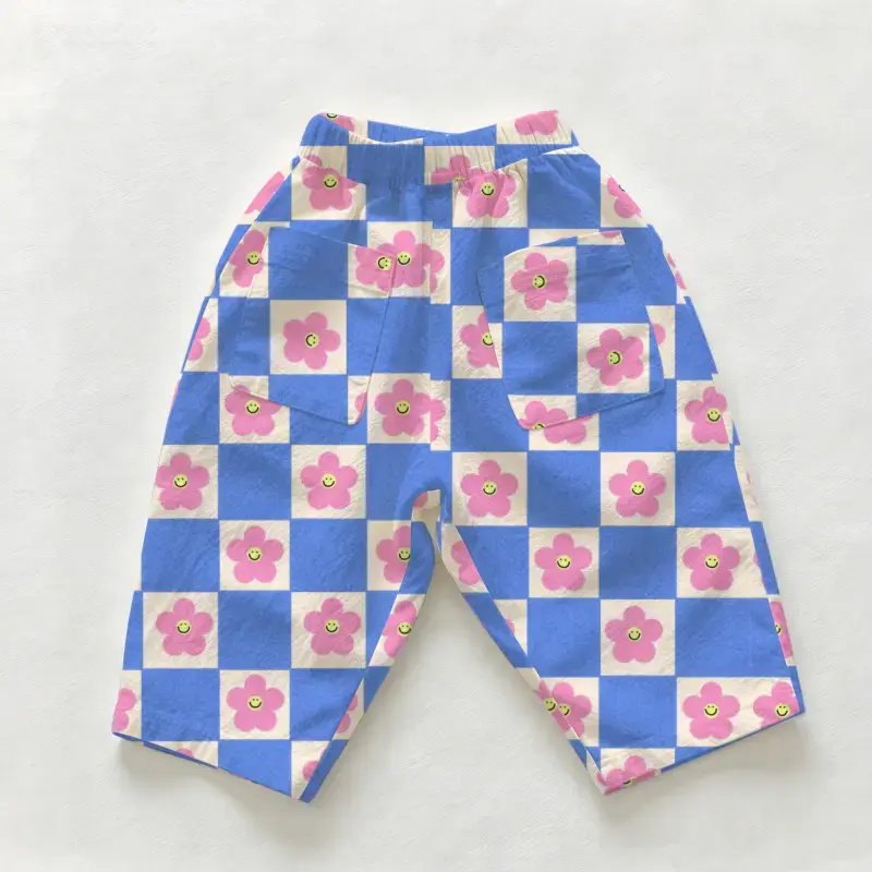 Baby & Toddler Blue Checkered Floral Print Casual Pants