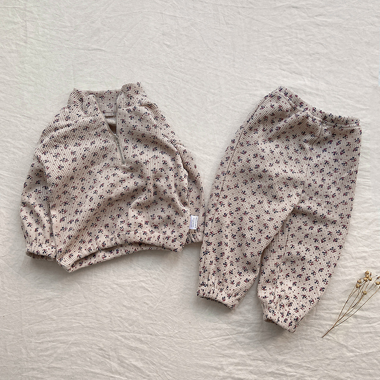 Toddler Retro Floral Stand Collar Sweatshirt And Pants Set