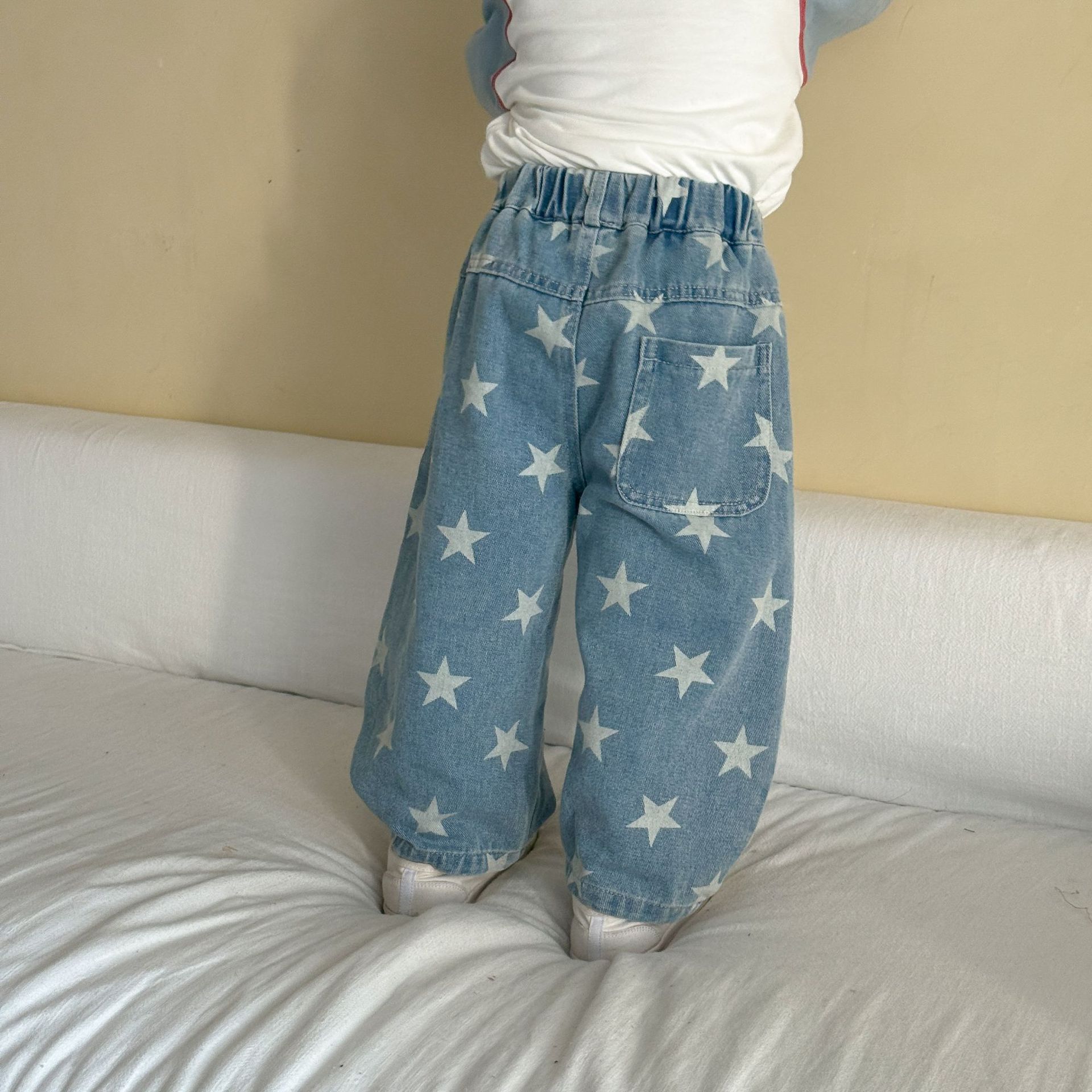 Kids Stars Print Curved Leg Denim Pants