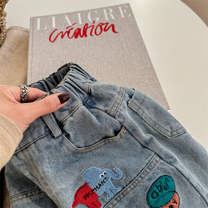 Kids Embroidery Pattern Denim Pants