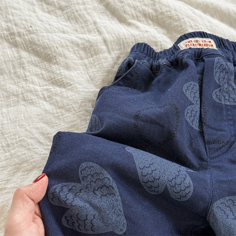 Kids Bird Letter Print Washed Denim Pants