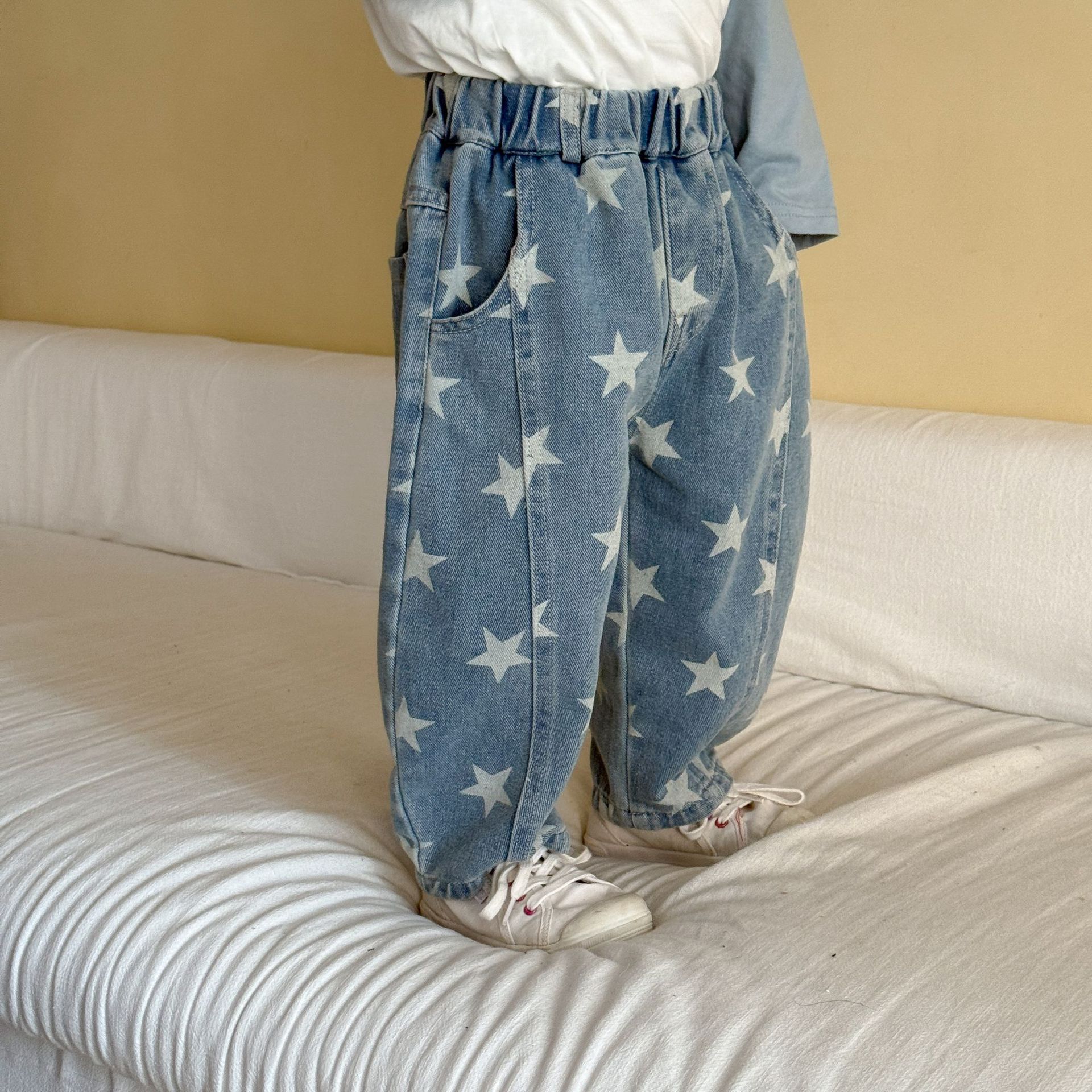 Kids Stars Print Curved Leg Denim Pants