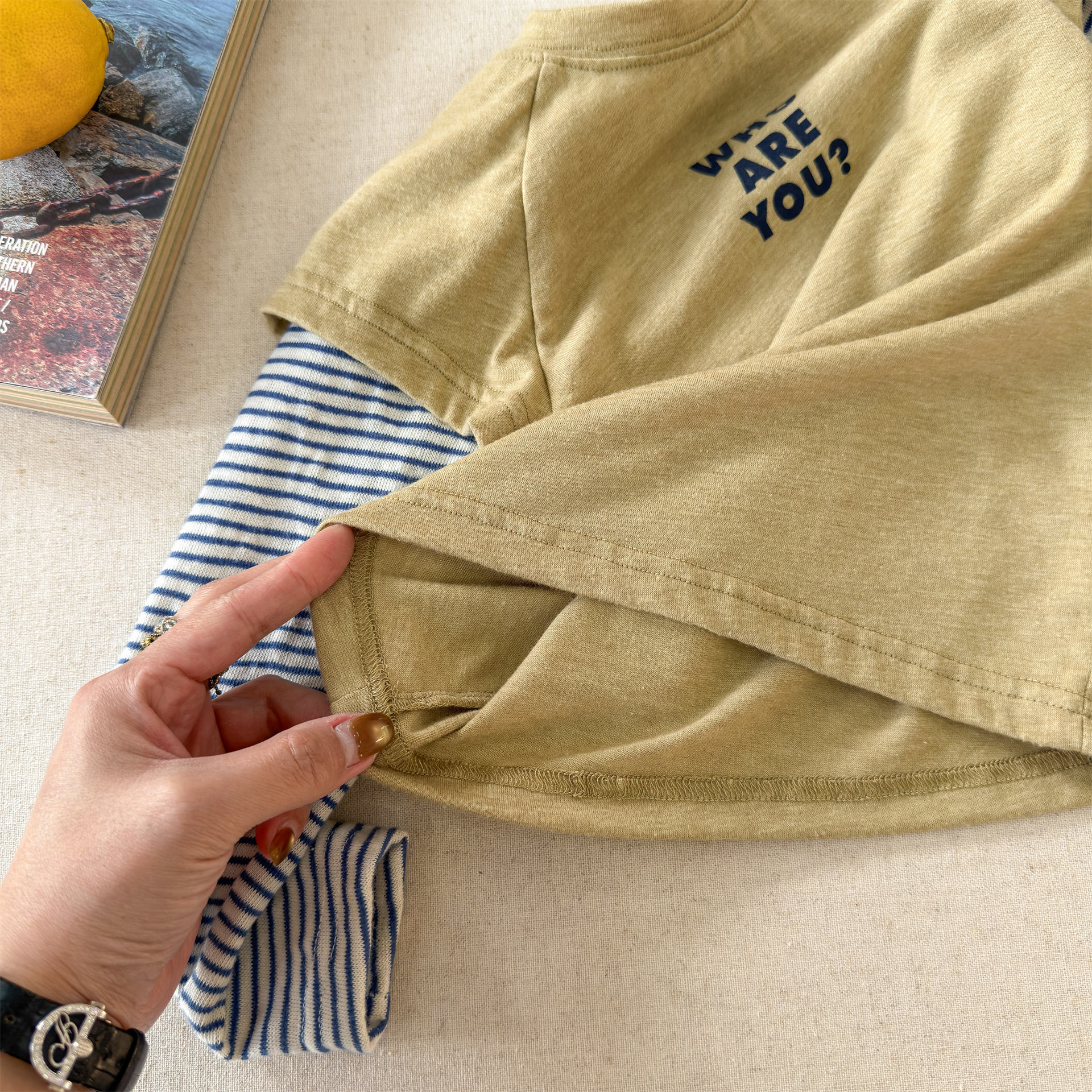 Kids Panelled Striped Sleeves Faux Two-Piece T-shirt