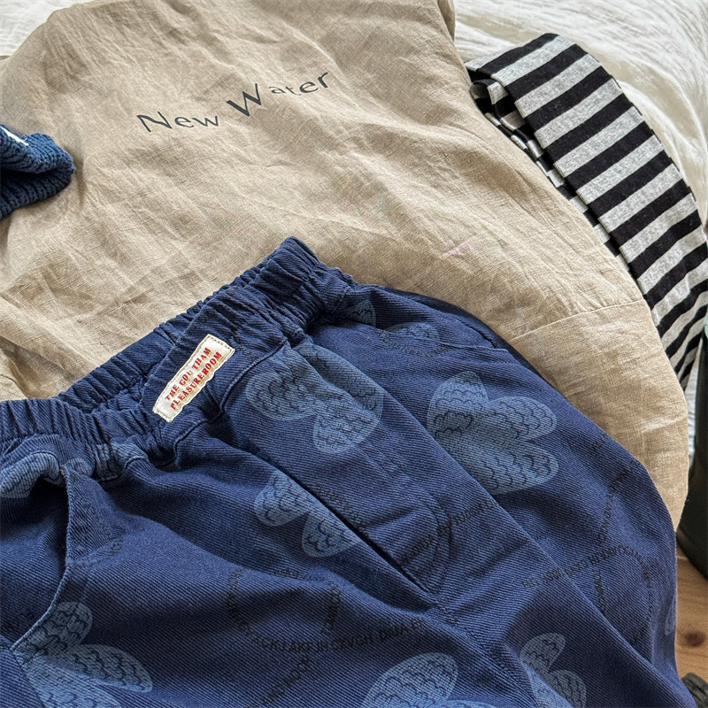 Kids Bird Letter Print Washed Denim Pants