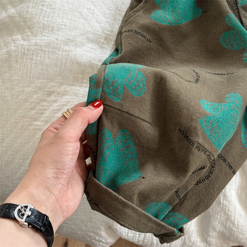 Kids Bird Letter Print Washed Denim Pants