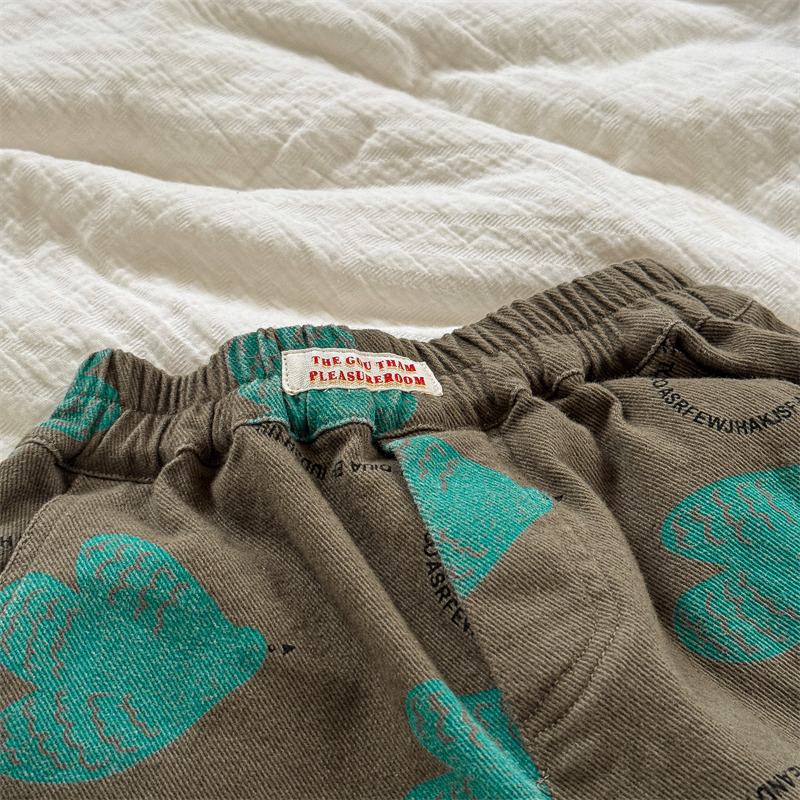 Kids Bird Letter Print Washed Denim Pants