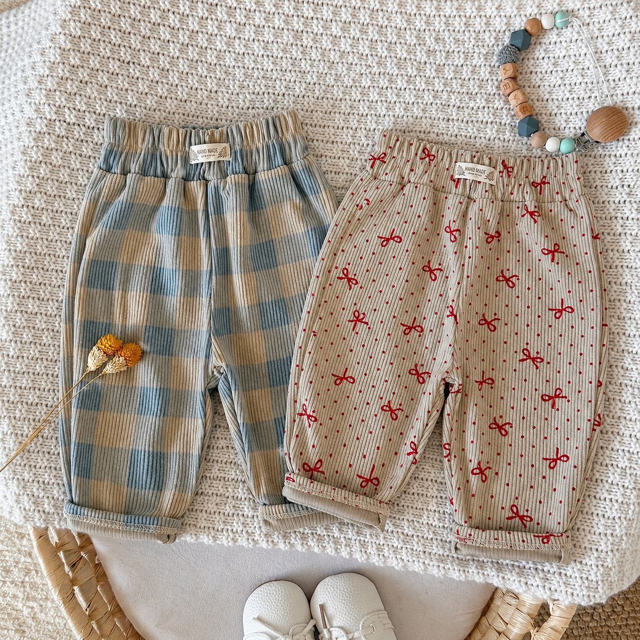 Baby Checkerboard Polka Dot Bow Corduroy Pants