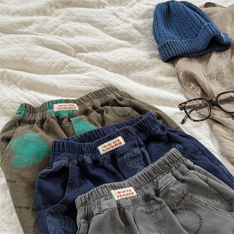 Kids Bird Letter Print Washed Denim Pants