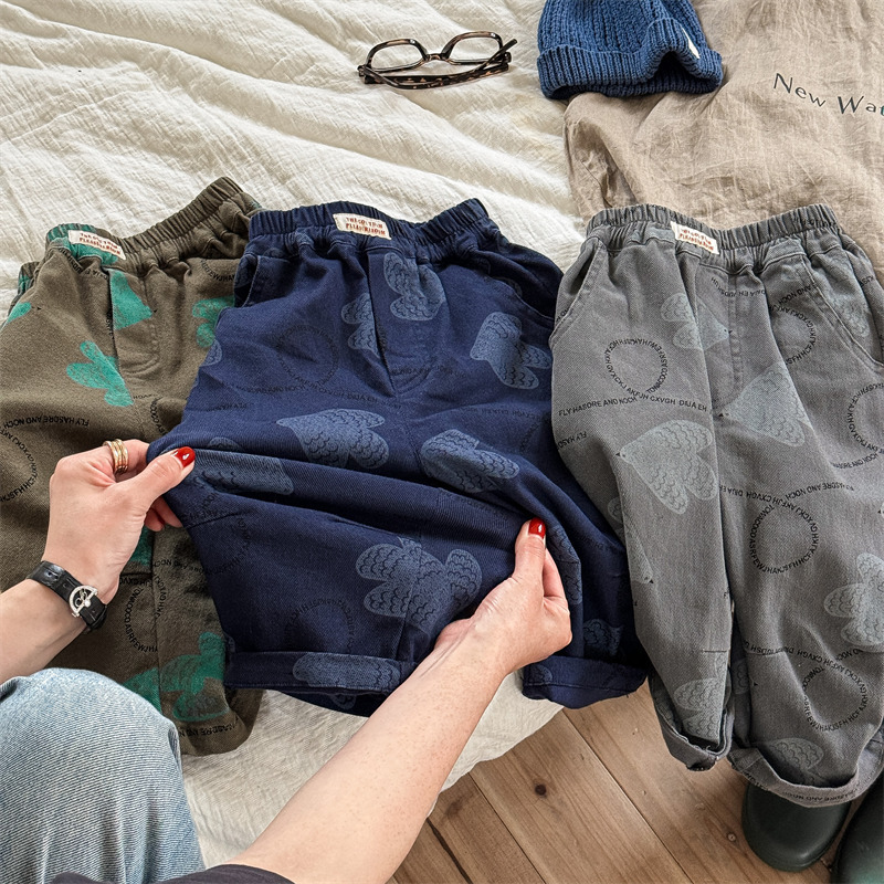 Kids Bird Letter Print Washed Denim Pants
