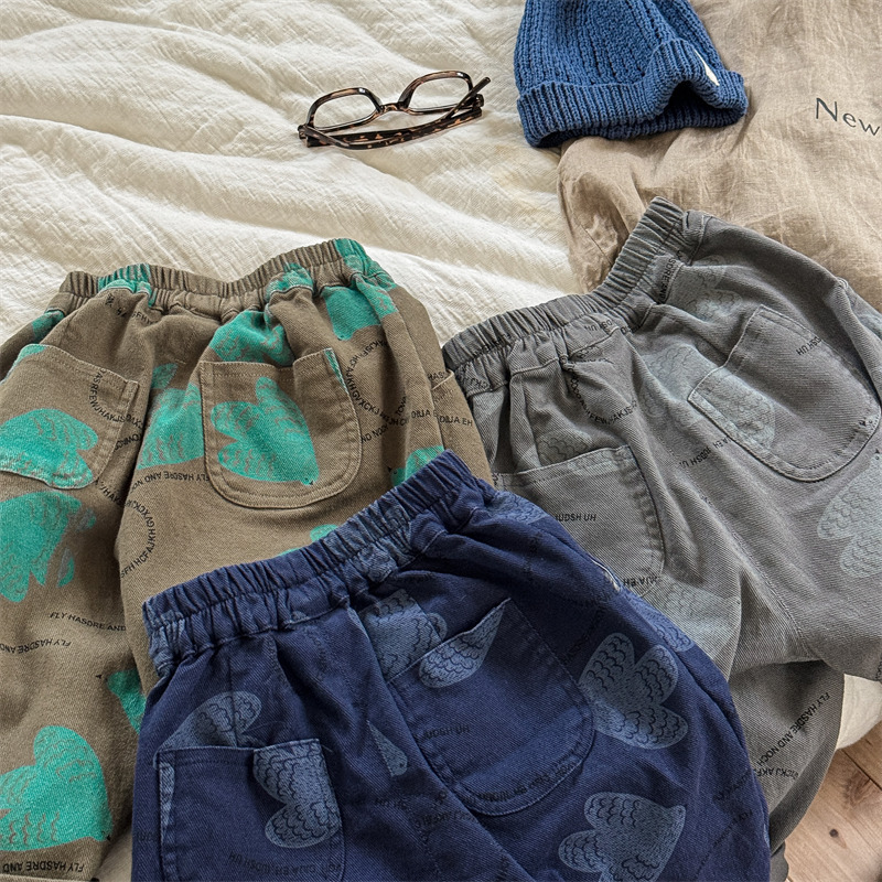Kids Bird Letter Print Washed Denim Pants