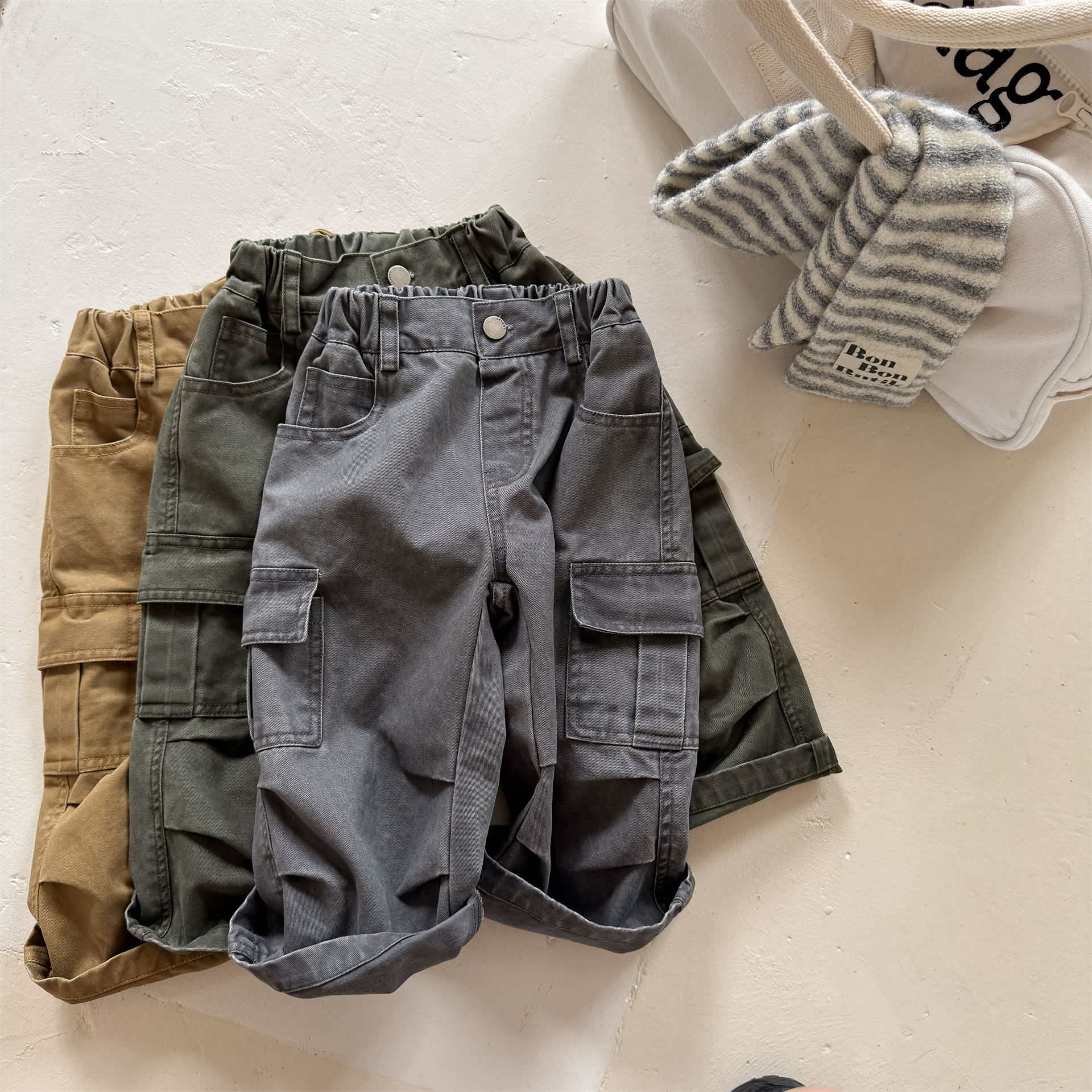 Kids Solid Color Cargo Denim Pants