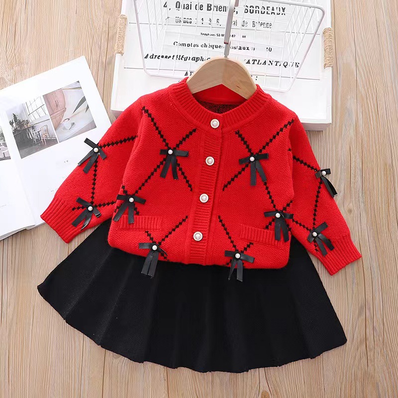 Kids Plaid Bow Sweater Cardigan and Bell Pants/Skirt Set