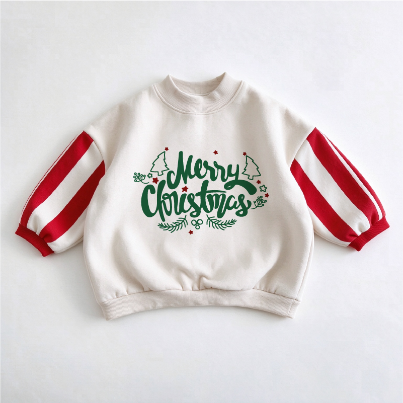 MERRY CHRISTMAS Baby Toddler Red Striped Sleeve Christmas Tree Sweatshirt