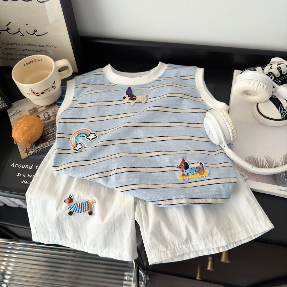 Kids Rainbow Puppy Striped Vest Top and Pants Set