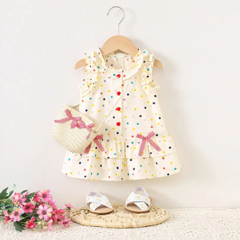 Baby Multicolor Dots Sleeveless Dress with Bag