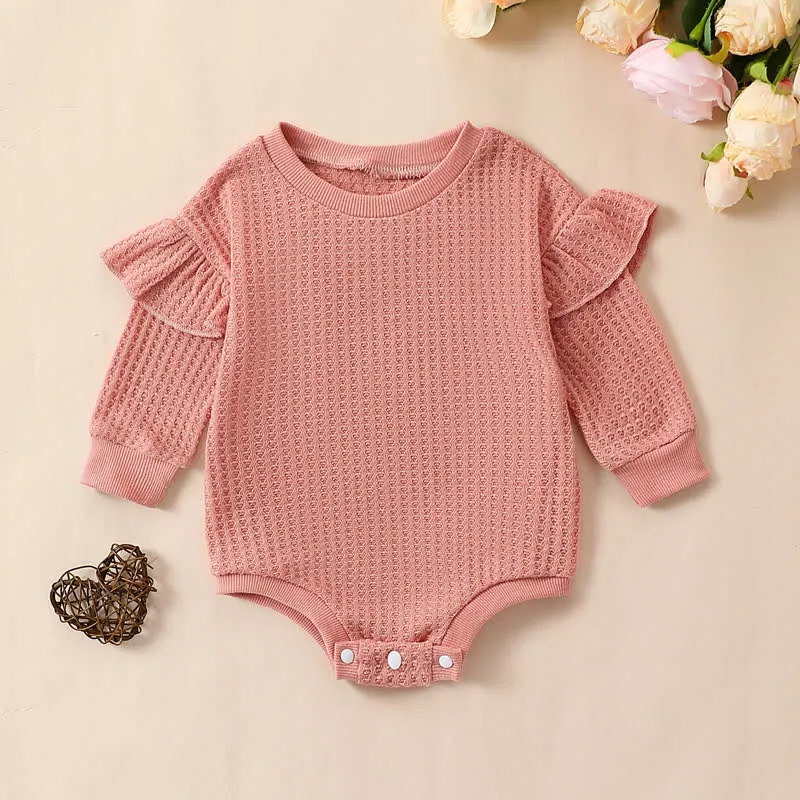 Baby Flutter Sleeves Solid Color Waffle Bodysuit