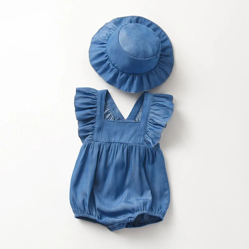 Baby Denim Ruffled Bodysuit with Hat
