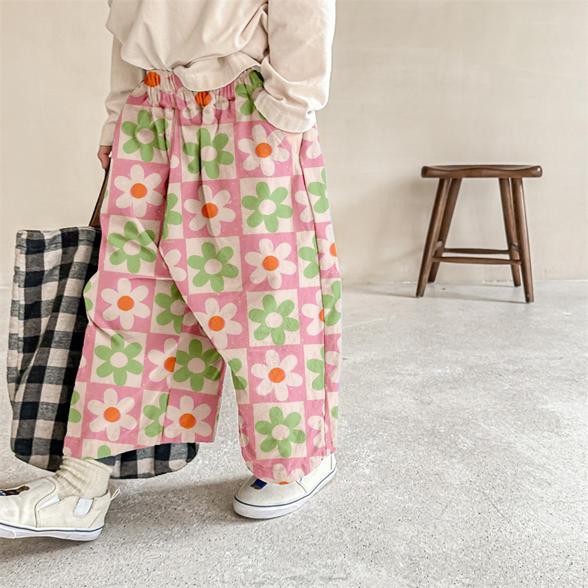 Baby & Kids & Mama Flowers Plaid Casual Pants