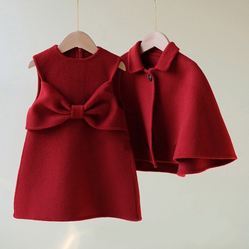 2 Pieces Toddler Girl Red Woolen Dress Set