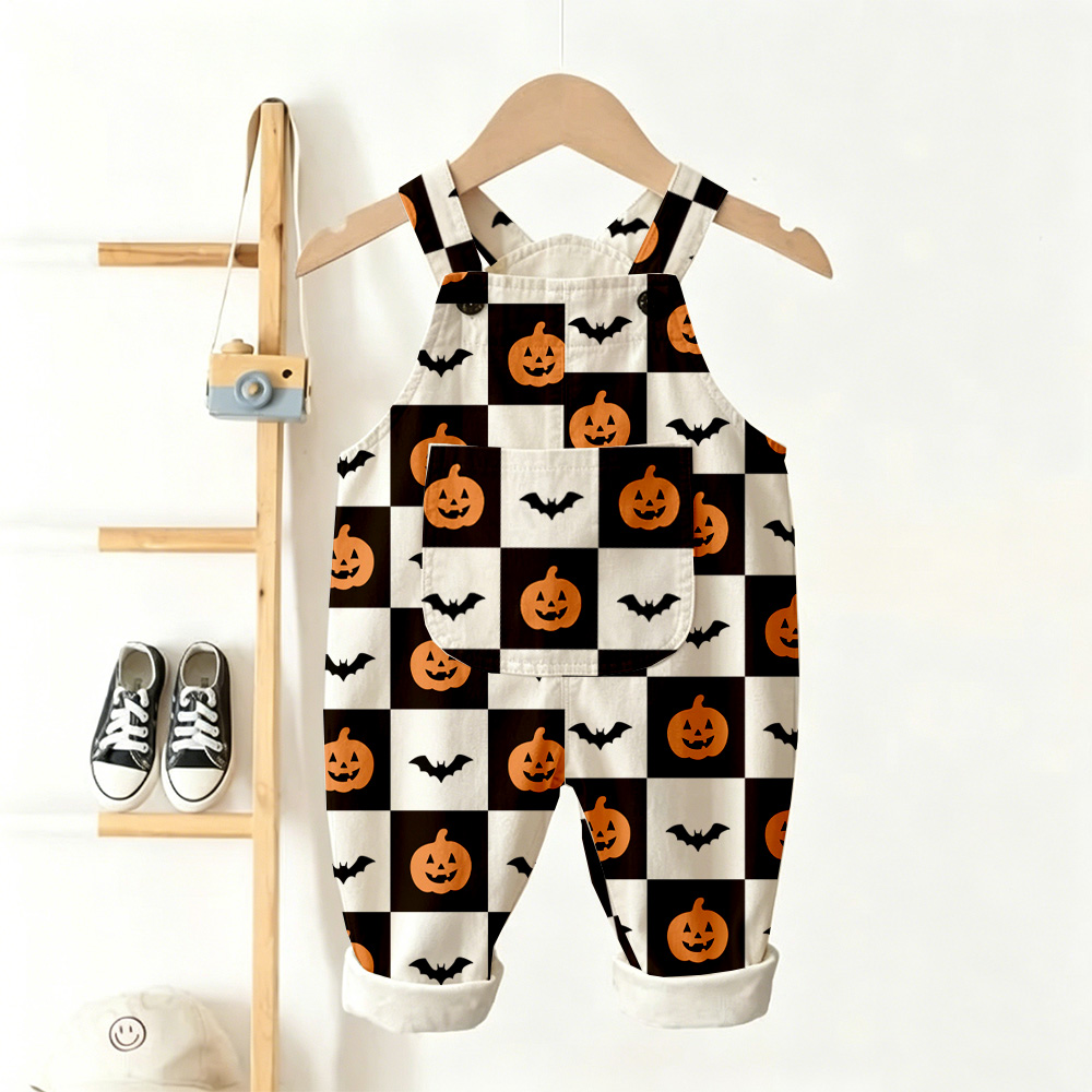 Baby Toddler Pumpkin Bat Checkerboard Overalls