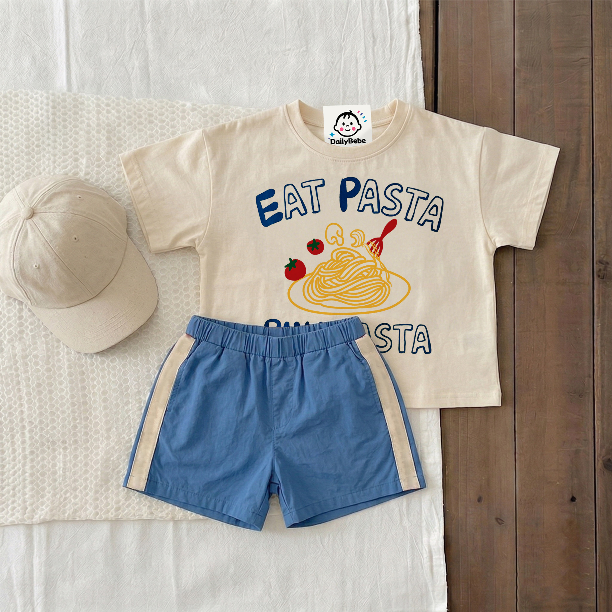 EAT PASTA RUN FASTA Baby & Kids Slogan Tee Shorts Set
