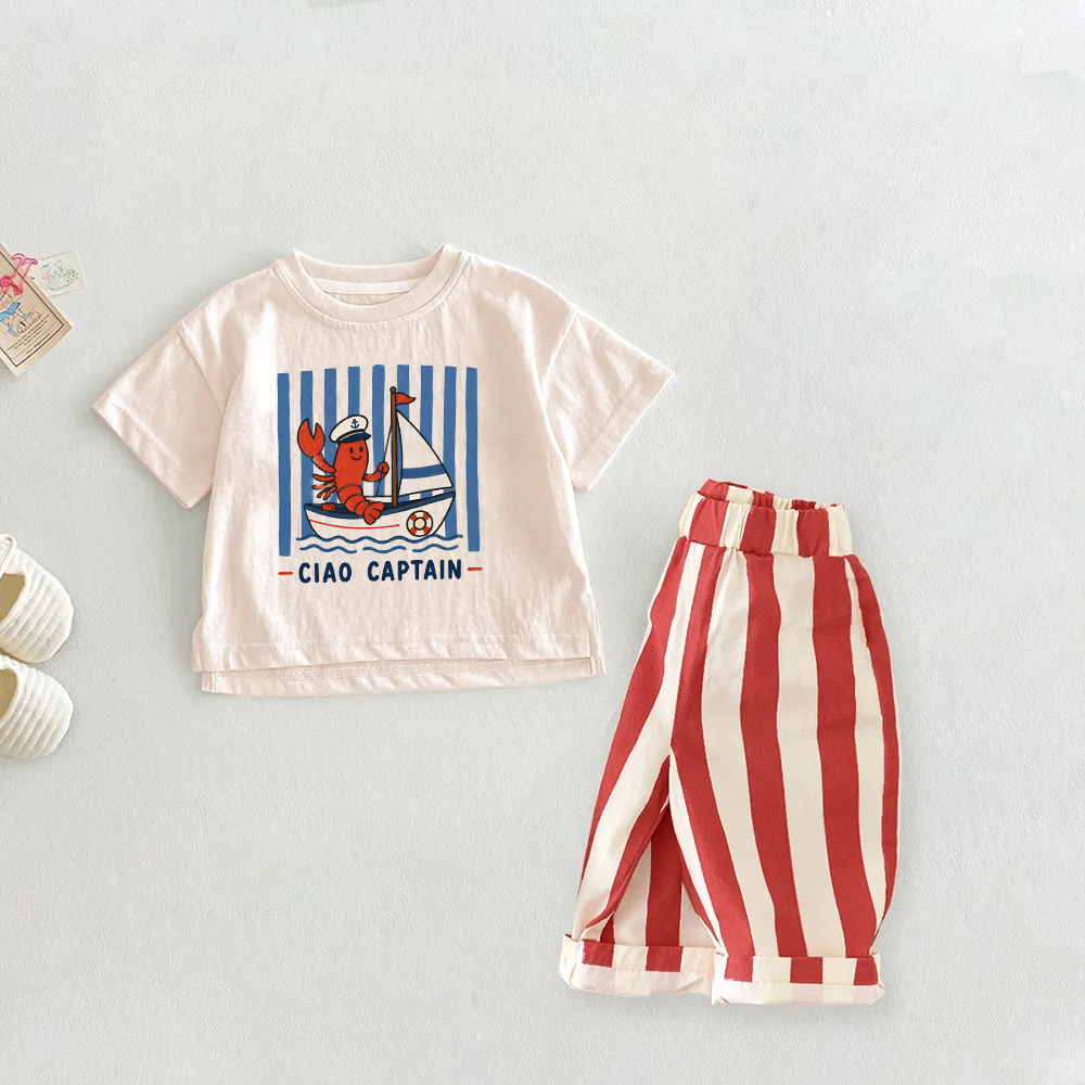 CIAO CAPTAIN Baby Toddler Lobster Saliboat Stripe 2-Piece Set