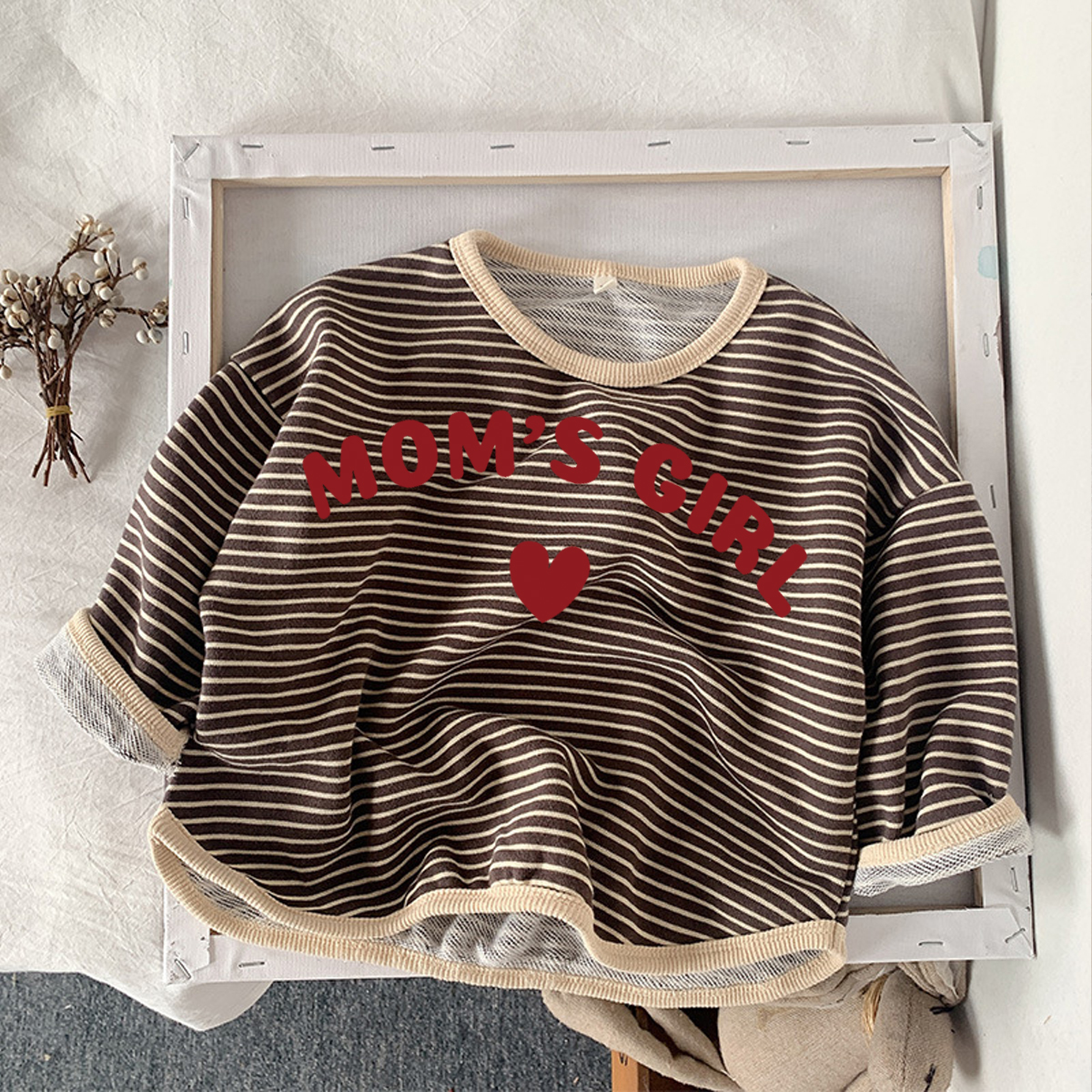 MOM'S GIRL Kids Striped Crew-neck Long Sleeve Shirt