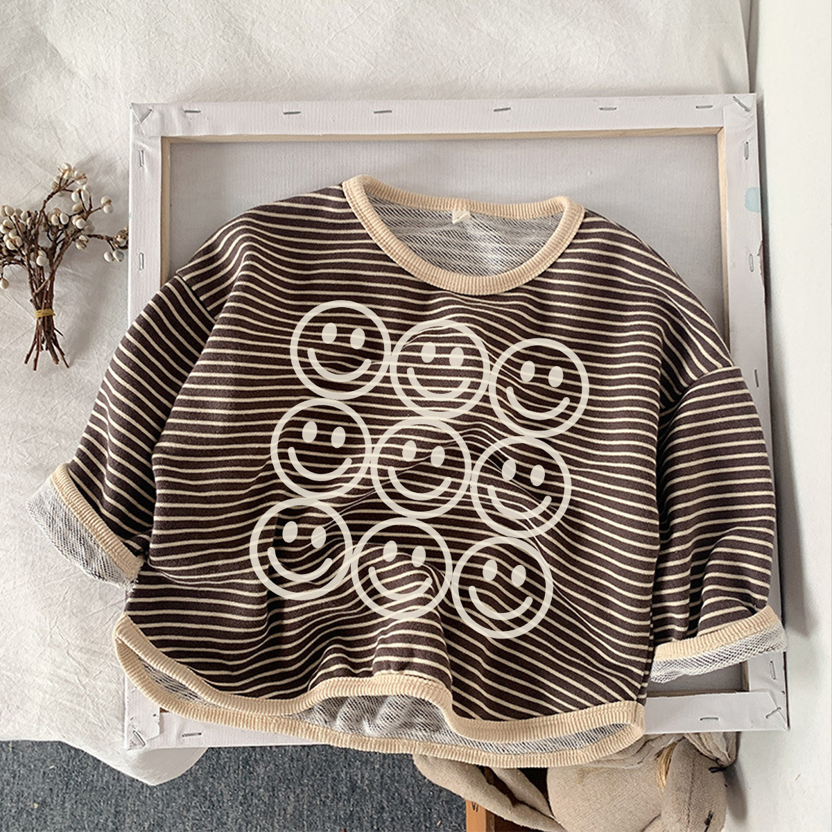 Kids Smiley Striped Crew-neck Long Sleeve Shirt