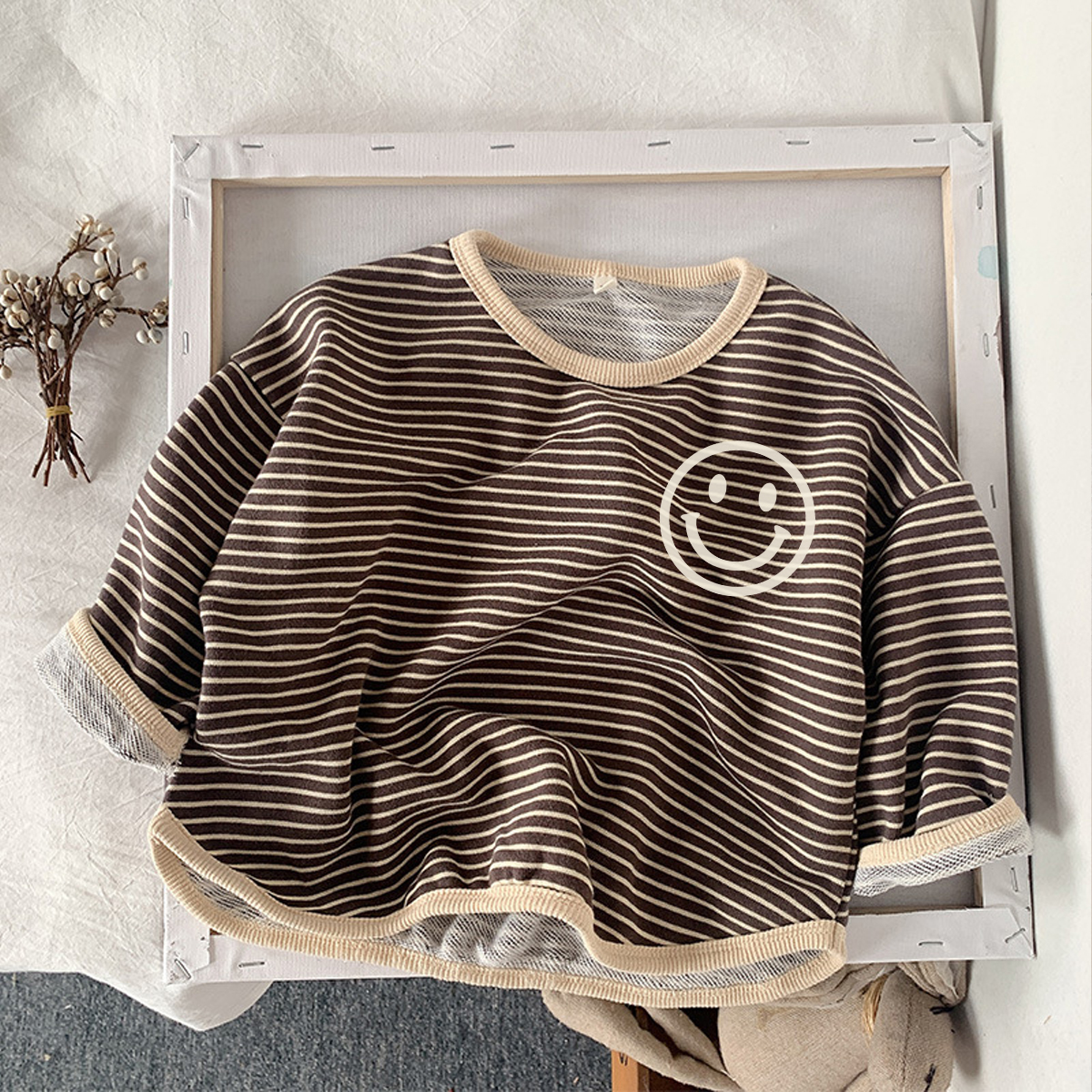 Kids Smiley Striped Crew-neck Long Sleeve Shirt
