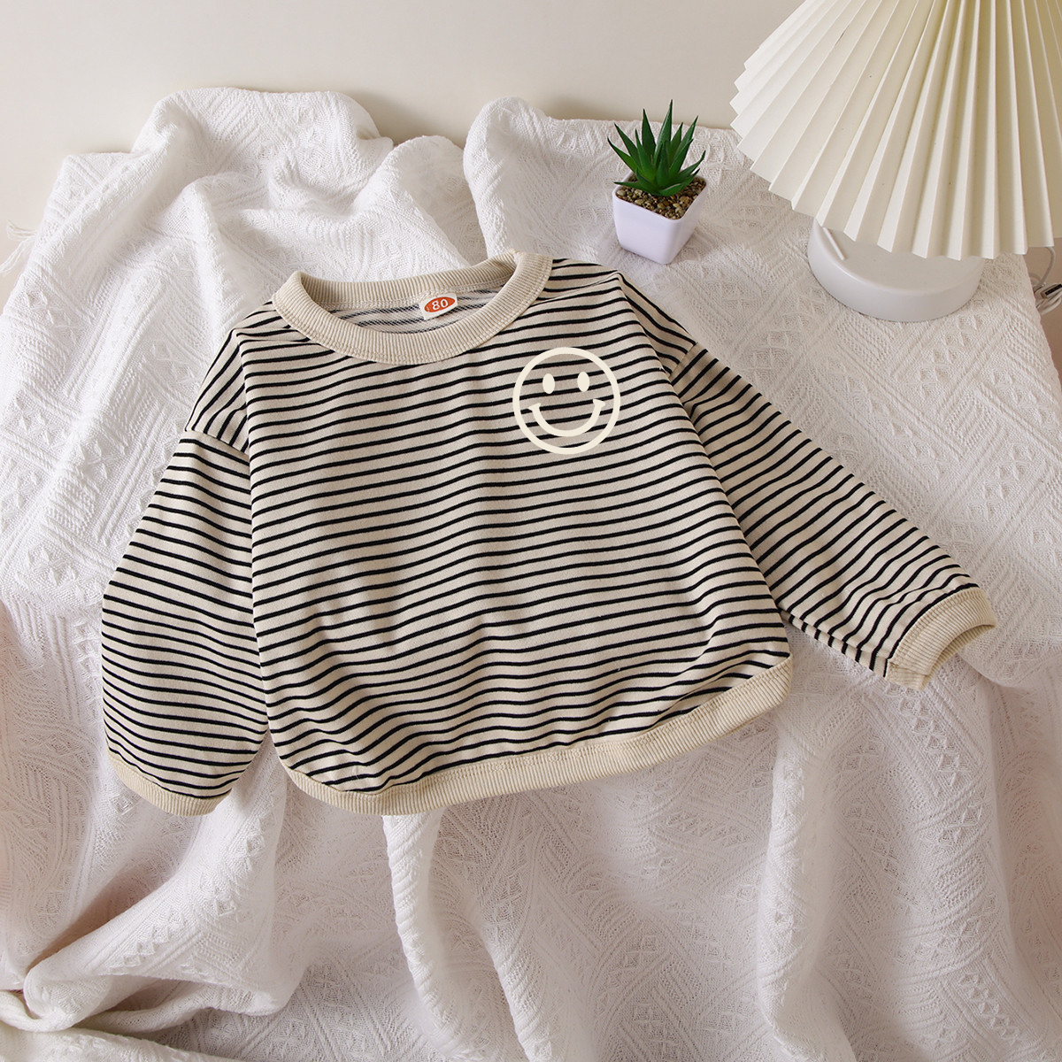 Kids Smiley Striped Crew-neck Long Sleeve Shirt
