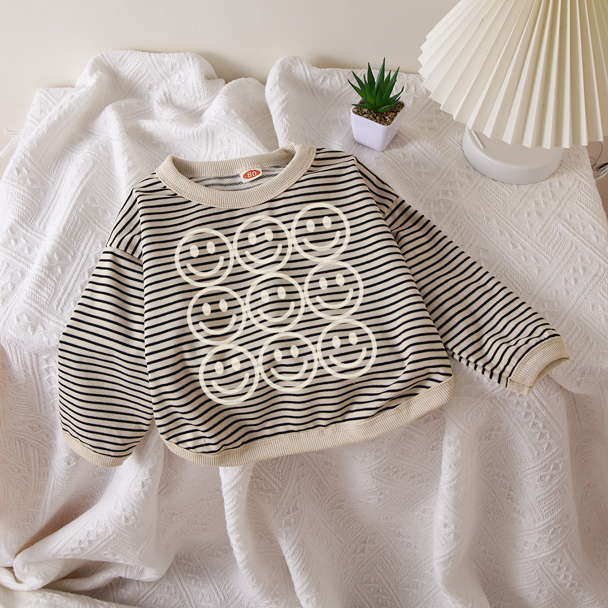 Kids Smiley Striped Crew-neck Long Sleeve Shirt