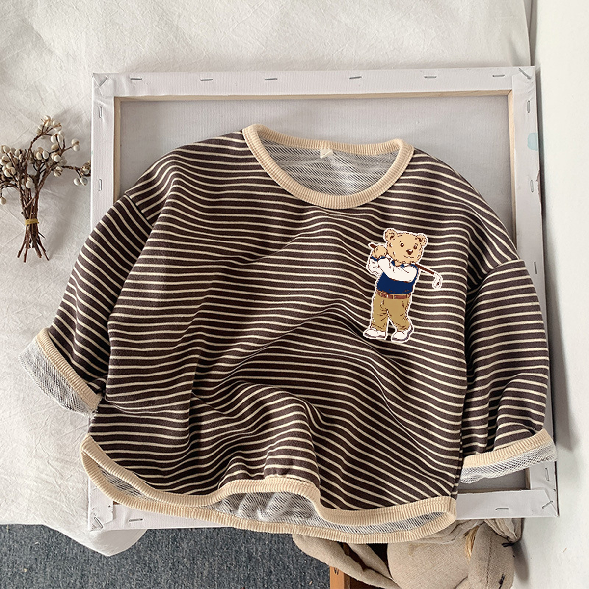 Kids Bear Golf Striped Crew-neck Long Sleeve Shirt