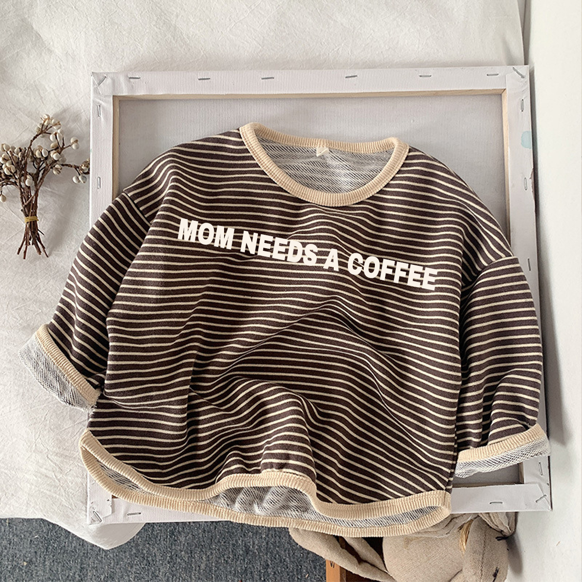 MOM NEEDS A COFFEE Kids Smiley Striped Crew-neck Long Sleeve Shirt