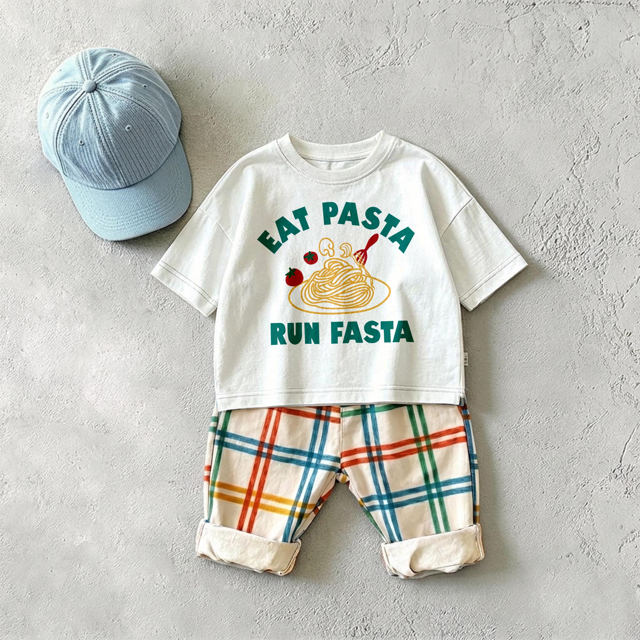 EAT PASTA RUN FASTA Baby & Kids Colorful Plaid 2 Piece Set