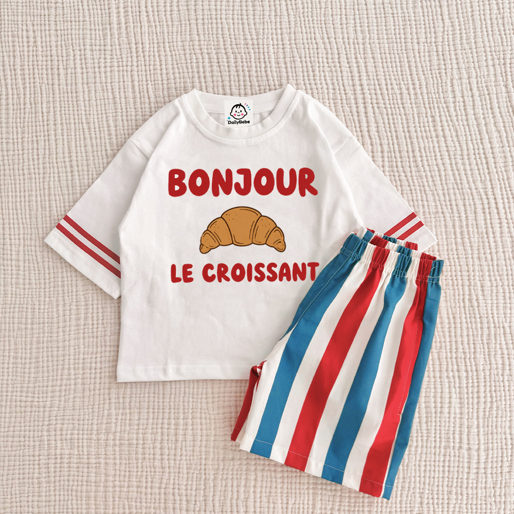 BONJOUR LE CROISSANT Baby & Kids Croissant Pattern Top and Stripe Shorts Sets