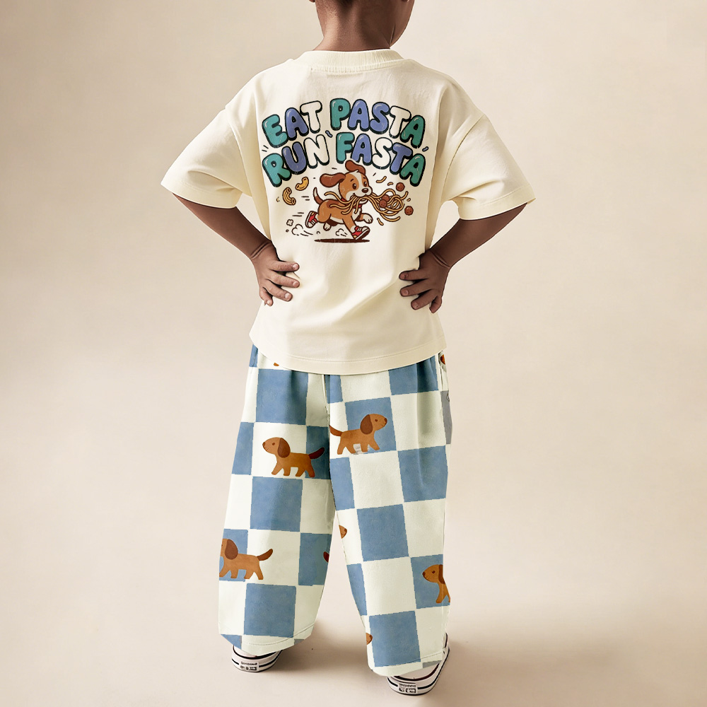 EAT PASTA RUN FASTA Baby & Kids Dog Pattern T-ShirtN ( ONLY TOP)