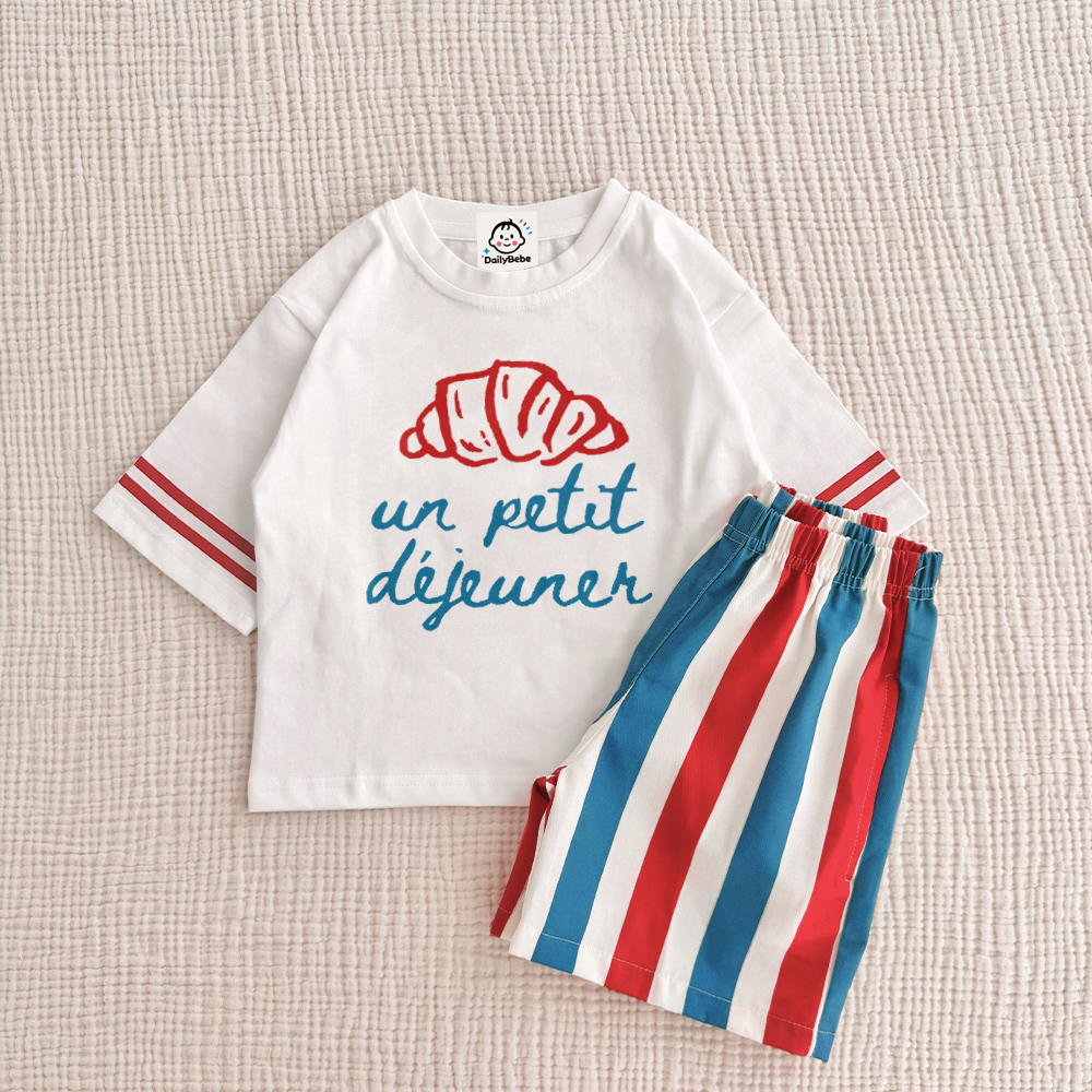 UN PETIT DEJEUNER Baby & Kids Croissant Tee and Stripe Shorts Sets