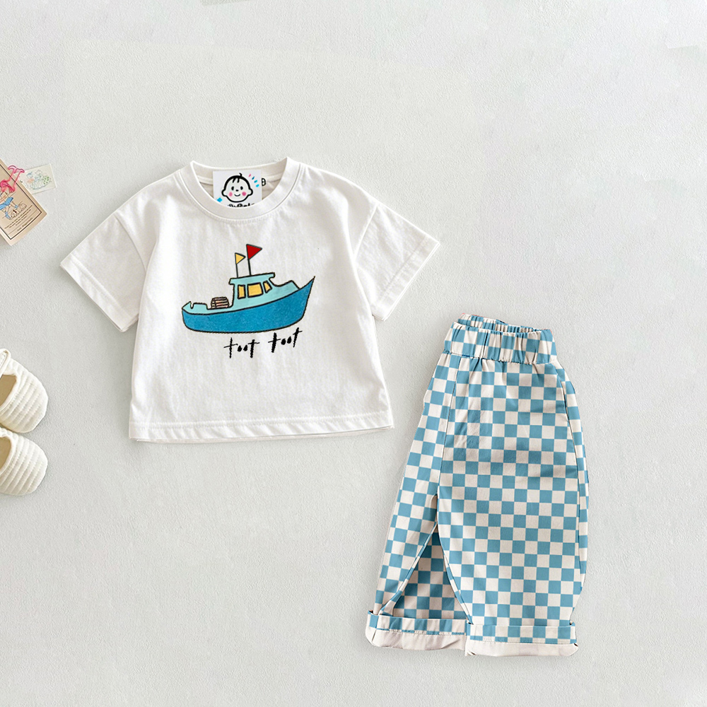 Baby & Kids Fishing Boat Pattern Blue Checkerboard Set